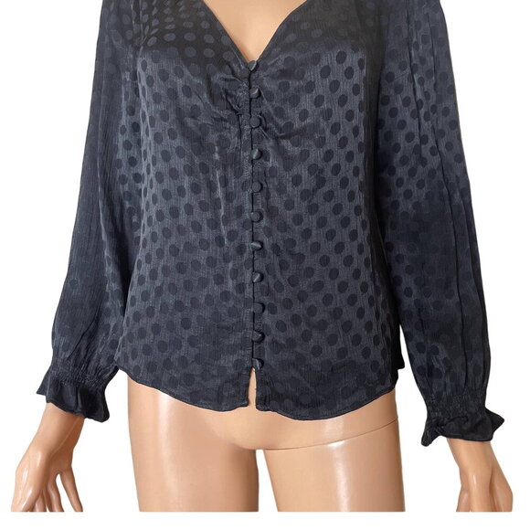 Madewell Top blouse smocked daylight woven Swiss dot black button up V-neck SZ 2 - Picture 13 of 14